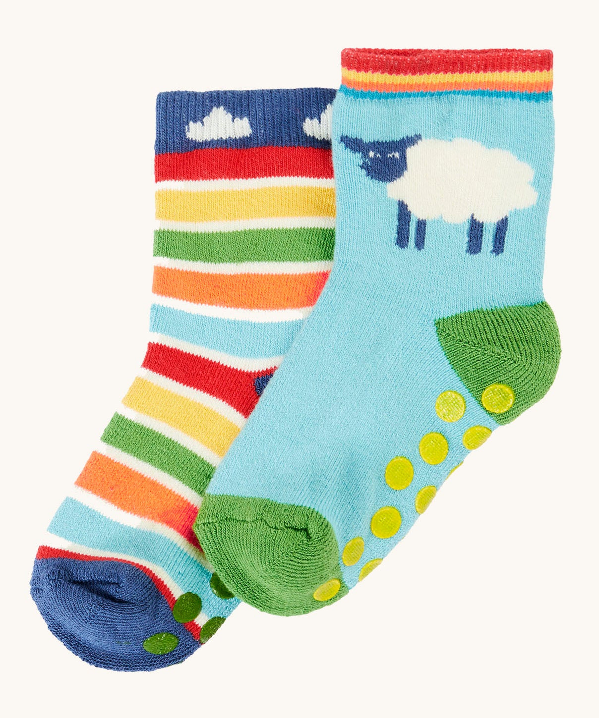 Frugi organic cotton 2 pack socks laid flat. In a striped and farm animal themed colours and designs 