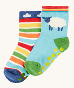 Frugi organic cotton 2 pack socks laid flat. In a striped and farm animal themed colours and designs 