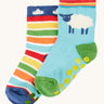 Frugi organic cotton 2 pack socks laid flat. In a striped and farm animal themed colours and designs 