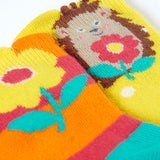 A close up of the Frugi organic cotton 2 pack socks laid flat. In bright striped hedgehog themed colours and designs