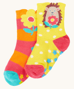 Frugi organic cotton 2 pack socks laid flat. In a floral and hedgehog themed colours and designs 