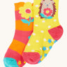 Frugi organic cotton 2 pack socks laid flat. In a floral and hedgehog themed colours and designs 