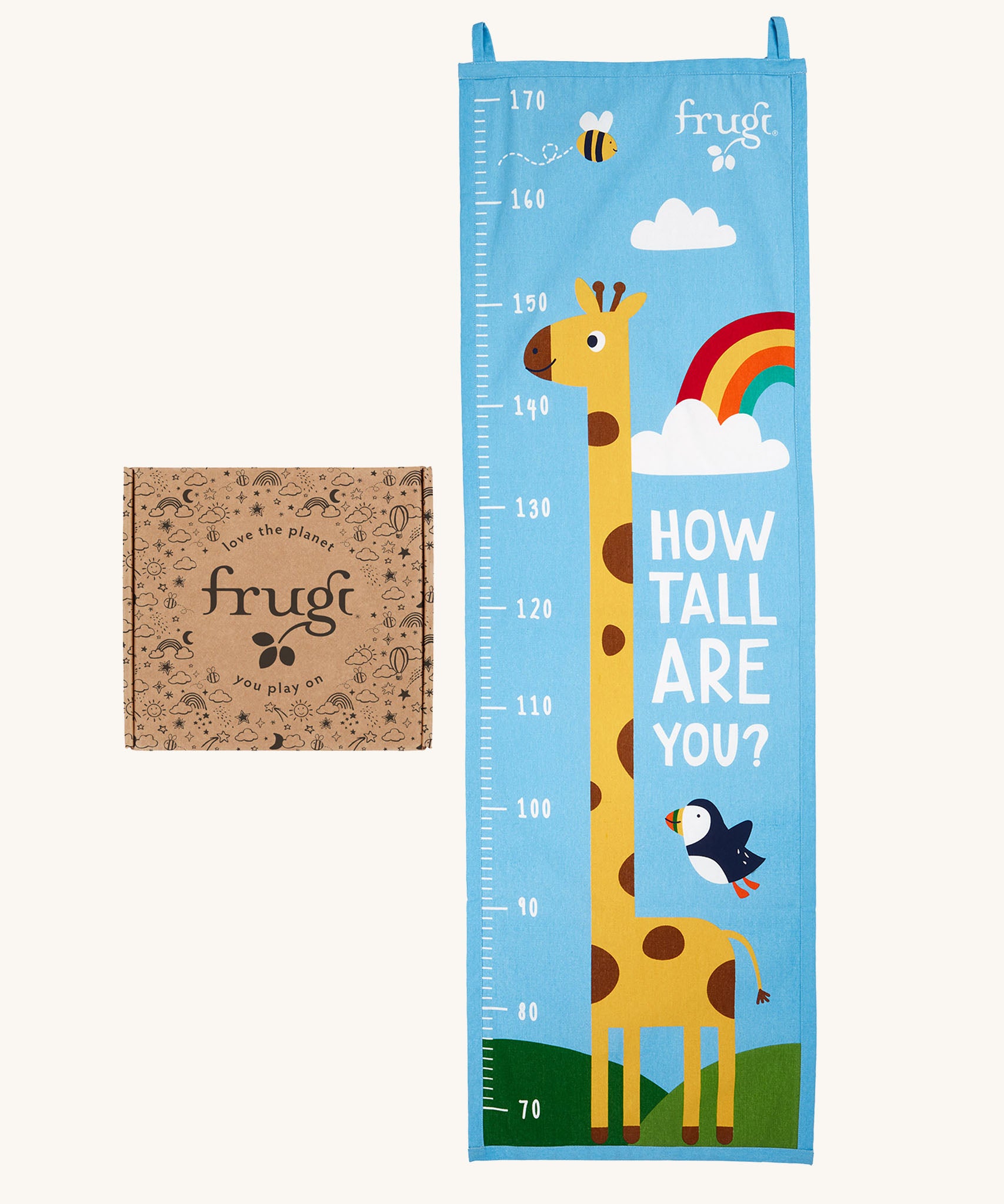 Frugi reach for the skies height chart. A canvas style height chart  with a playful giraffe print that reaches up to 170cm and features 2 loops on the top for hanging 