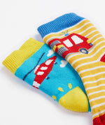Frugi 2 pack grippy socks helicopter and fire engine cuff design