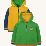 Frugi helston reversible hoodie in palm gold available at Babipur. A yellow ted fleece style hoodie with blue sleeves and a green jersey style as a alternative. Features a full length zip and pouch pockets.