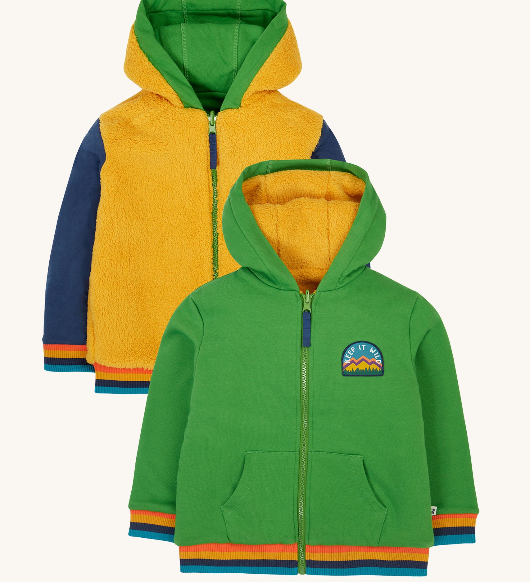Frugi helston reversible hoodie in palm gold available at Babipur. A yellow ted fleece style hoodie with blue sleeves and a green jersey style as a alternative. Features a full length zip and pouch pockets.
