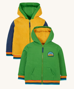 Frugi helston reversible hoodie in palm gold available at Babipur. A yellow ted fleece style hoodie with blue sleeves and a green jersey style as a alternative. Features a full length zip and pouch pockets.