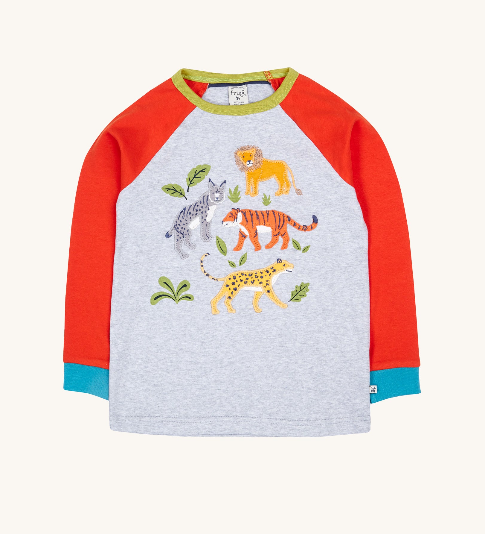 Frugi Jake Grey Big Cats Circular Organic Cotton Long Sleeved Kids' Top. The top has four big cat and leafy themed appliques on the front. This top is a part of a wide range of organic cotton clothing for children available here at Babipur.  