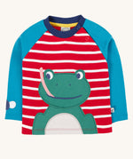 Frugi kids alfie raglan top in berry red/ breton frog available at Babipur. A GOTS organic cotton top with blue long sleeve and red/white stripes. Features a playful green frog applique on the front and popper fasteners on the shoulder.