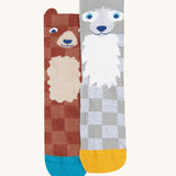 Frugi kids beary wild character socks 2 pack available at Babipur. A GOTS organic cotton 2 pack chequered style sock in bear and wolf characters.
