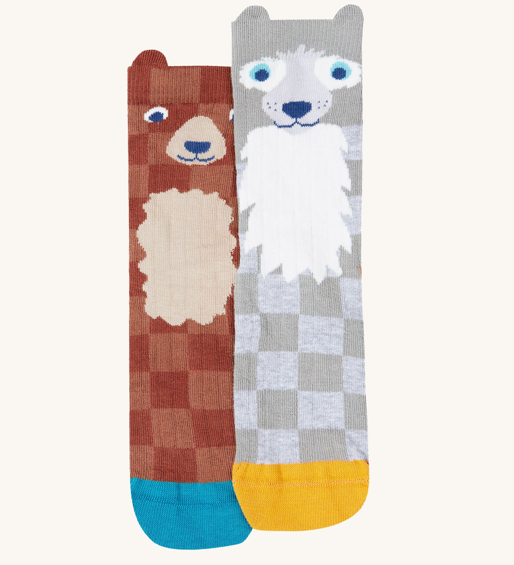 Frugi kids beary wild character socks 2 pack available at Babipur. A GOTS organic cotton 2 pack chequered style sock in bear and wolf characters.