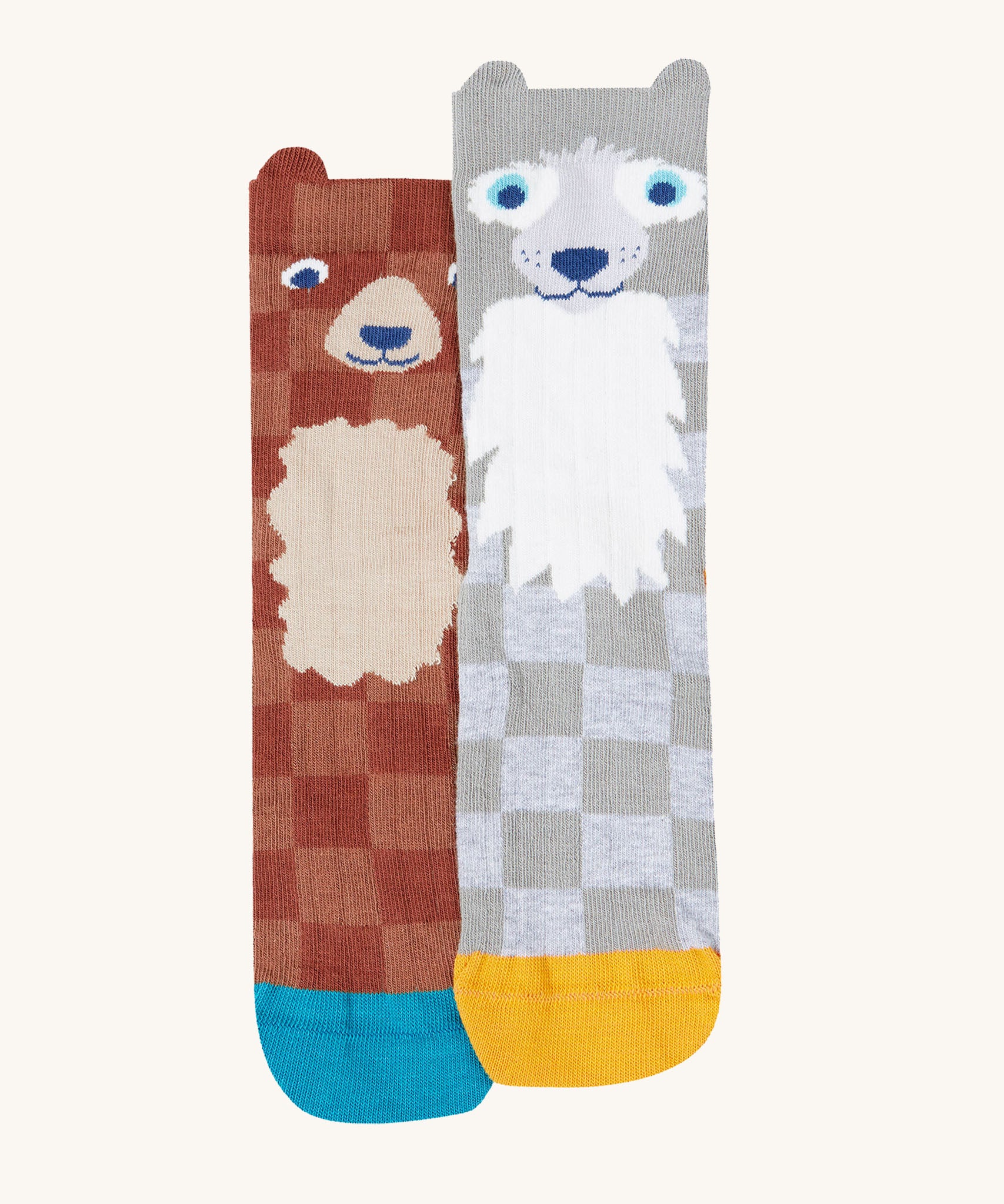 Frugi kids beary wild character socks 2 pack available at Babipur. A GOTS organic cotton 2 pack chequered style sock in bear and wolf characters.