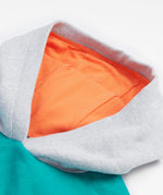 Frugi kids hoodie in a green colour and mulitcoloured block design hood detail