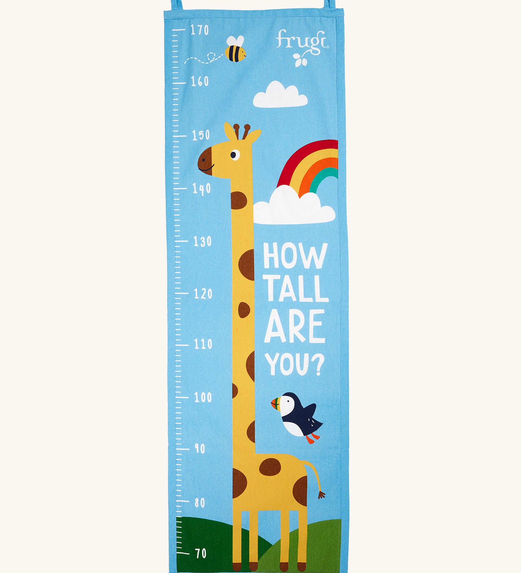 Frugi reach for the skies height chart available at Babipur. A canvas style height chart  with a playful giraffe print that reaches up to 170cm