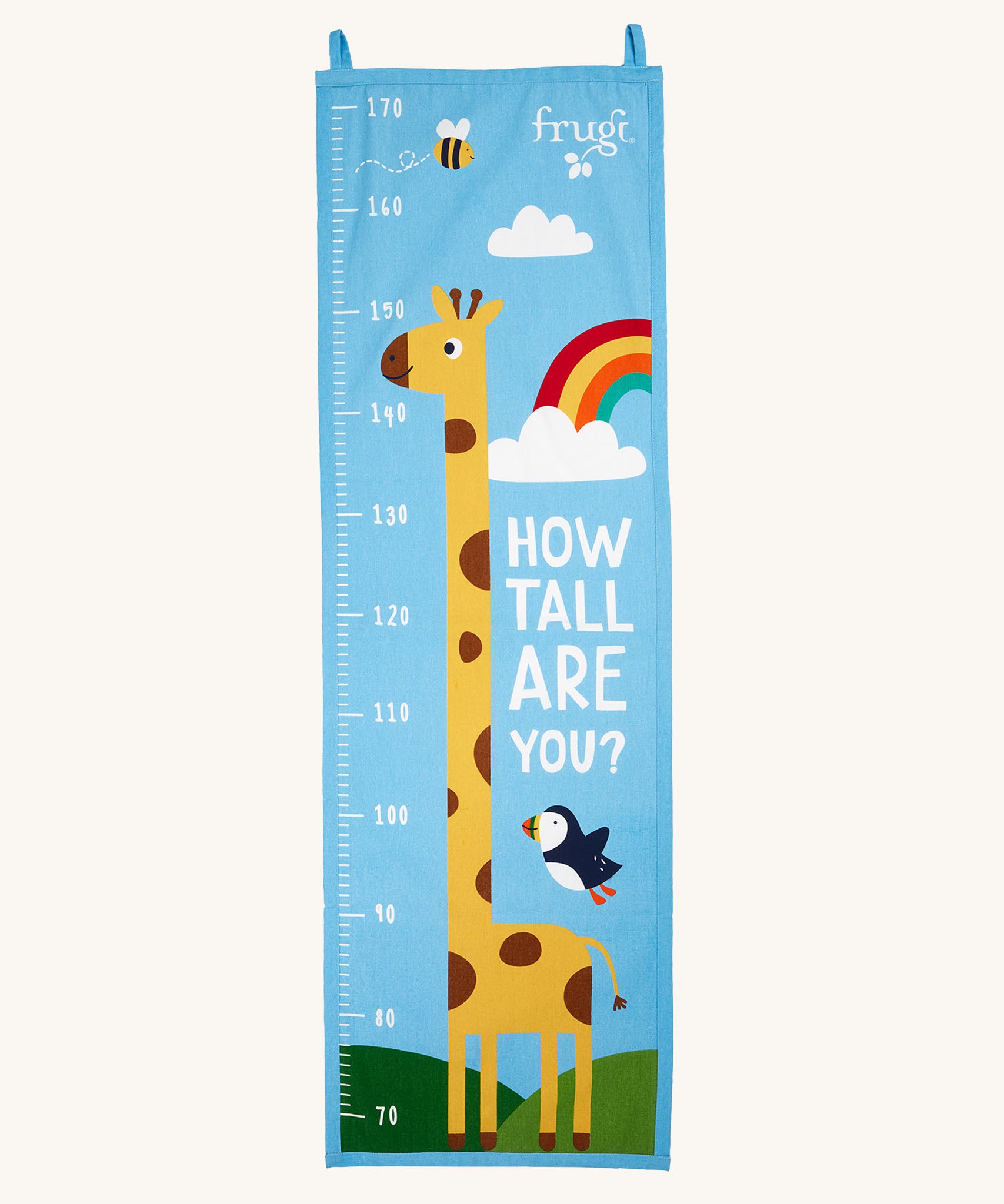 Frugi reach for the skies height chart available at Babipur. A canvas style height chart  with a playful giraffe print that reaches up to 170cm