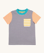 Frugi kids hopscotch stripe pocket t-shirt - GOTS organic cotton kids t-shirt with short sleeve in blue, orange and yellow stripe design. Features a front pocket and light blue neck trim