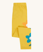 Frugi kids luana bumblebee/flower leggings available at Babipur. A 100% GOTS organic cotton leggings in bright yellow and cute playful prints along each side of the leg