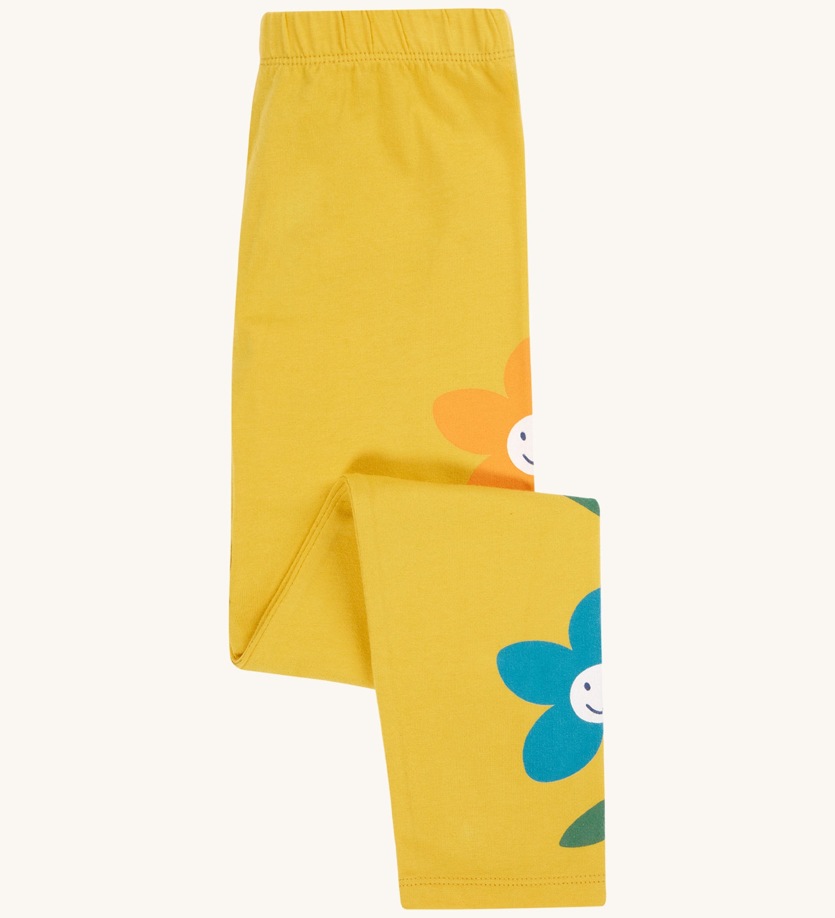Frugi kids luana bumblebee/flower leggings available at Babipur. A 100% GOTS organic cotton leggings in bright yellow and cute playful prints along each side of the leg