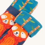 A closer look at the blue, red panda socks from the Frugi Fun Fold Over Socks - Red Panda 2 Pack. A cute red panda print sock, with bamboo stick print fold over tops