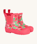 Frugi kids pink wellington strawberries design on a cream background.