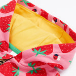 Frugi kids snuggle suit in strawberry design hood detail