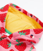 Frugi kids snuggle suit in strawberry design hood detail