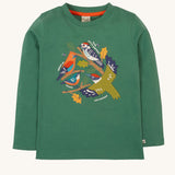 Frugi kids terrific applique top in holly green/birds. A GOTS organic long sleeve top in dark green. Features a collection of different bird appliques perched on branches