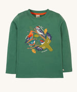 Frugi kids terrific applique top in holly green/birds. A GOTS organic long sleeve top in dark green. Features a collection of different bird appliques perched on branches