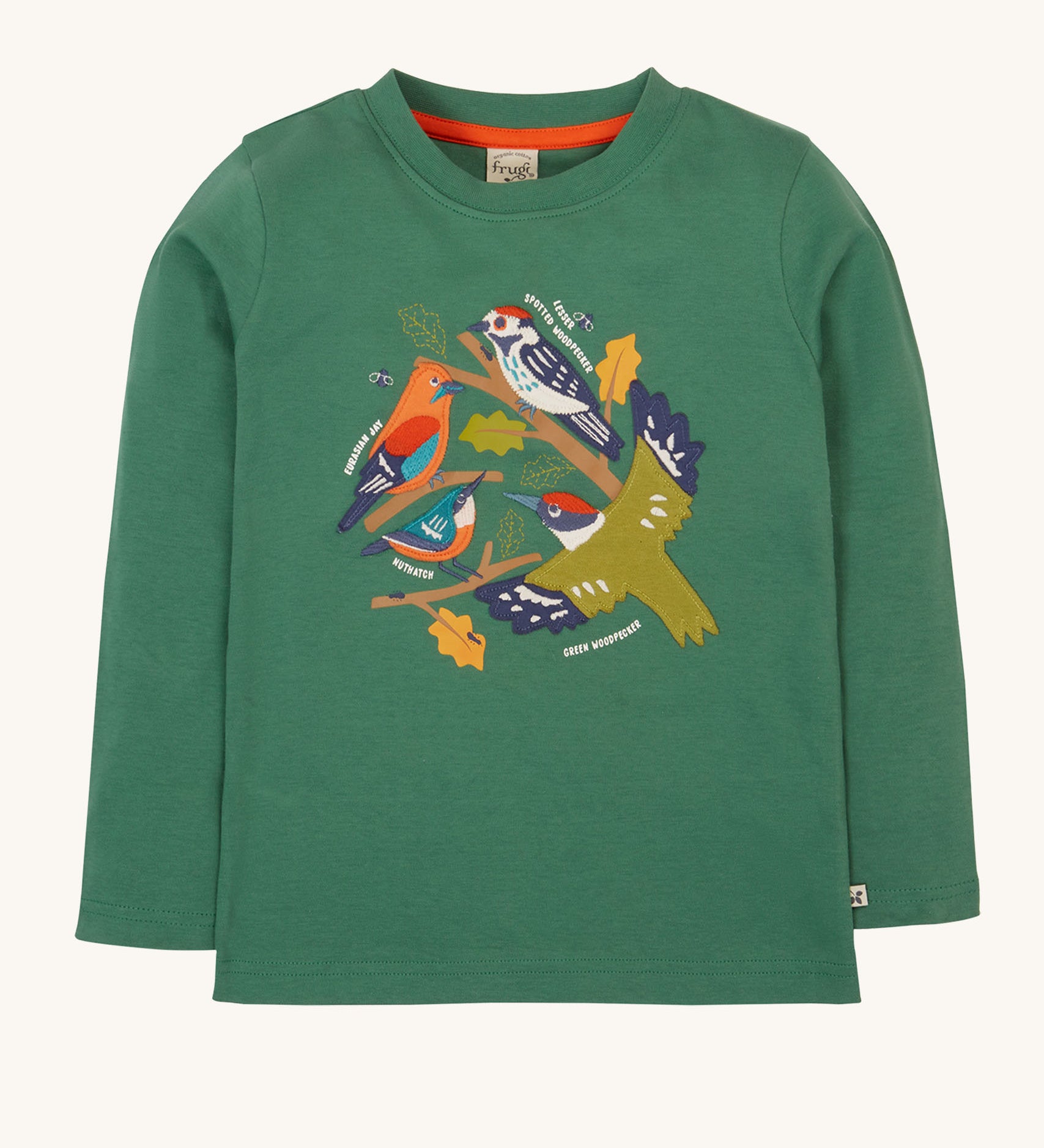 Frugi kids terrific applique top in holly green/birds. A GOTS organic long sleeve top in dark green. Features a collection of different bird appliques perched on branches