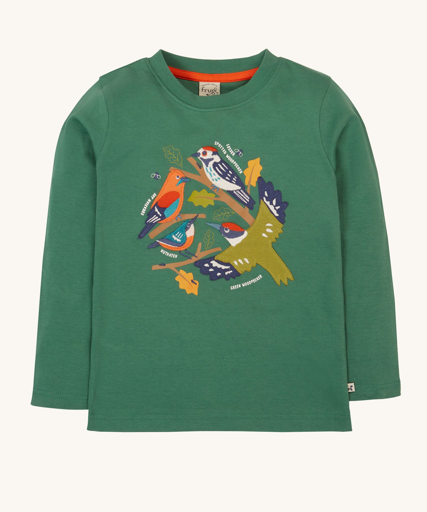 Frugi kids terrific applique top in holly green/birds. A GOTS organic long sleeve top in dark green. Features a collection of different bird appliques perched on branches
