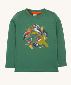 Frugi kids terrific applique top in holly green/birds. A GOTS organic long sleeve top in dark green. Features a collection of different bird appliques perched on branches