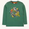 Frugi kids terrific applique top in holly green/birds. A GOTS organic long sleeve top in dark green. Features a collection of different bird appliques perched on branches