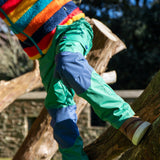 A child standing on a tree and wearing the Frugi Wilderness green trousers with navy blue coloured knee patches available at Babipur