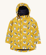 Frugi kids puddle buster jacket yellow with a puffin design on a cream background.