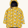 Frugi kids puddle buster jacket yellow with a puffin design on a cream background.