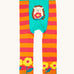 Frugi organic cotton knitted leggings. In orange and pink stripe with a hedgehog design on the front and yellow flowers on each leg