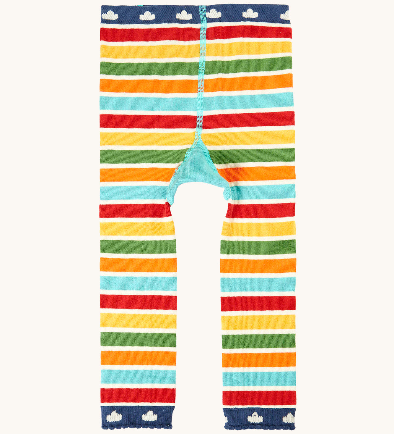 A back of the Frugi organic cotton knitted leggings. In a multicoloured stripe design.