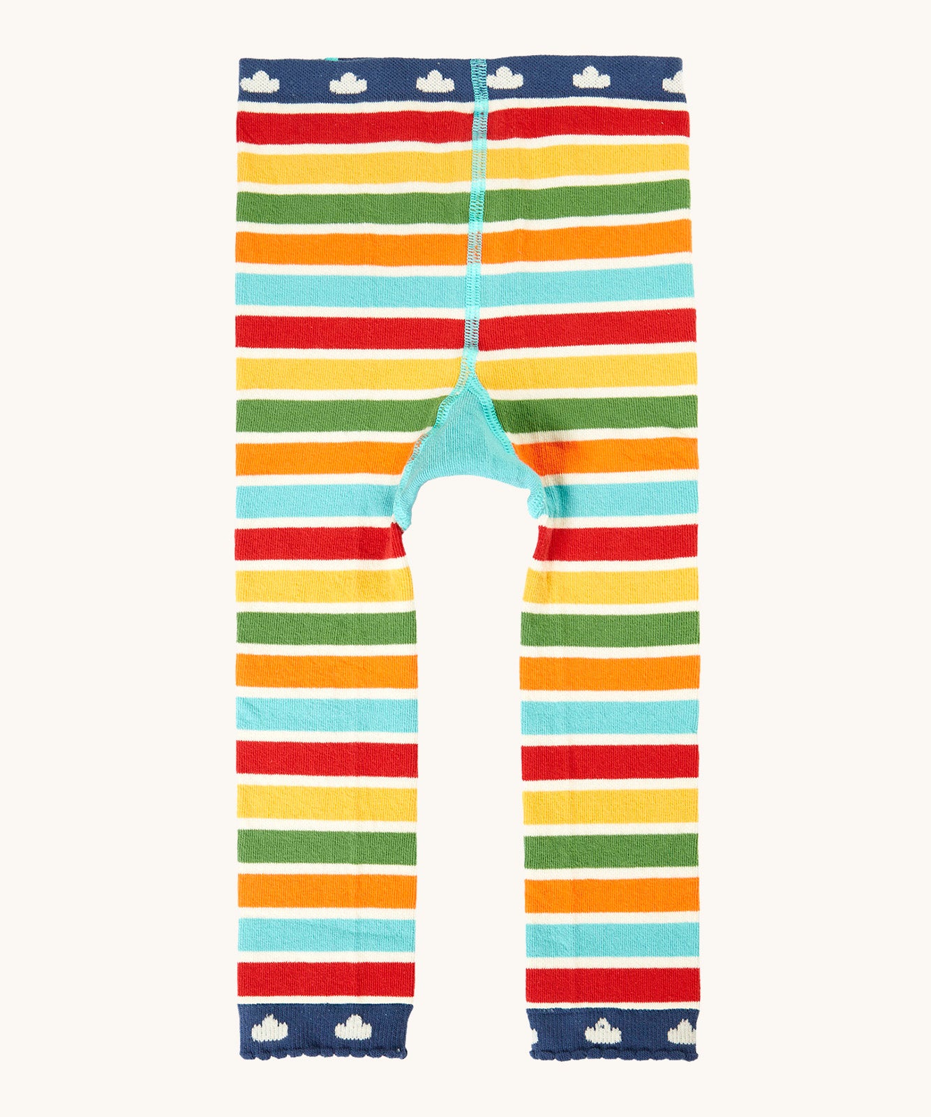 A back of the Frugi organic cotton knitted leggings. In a multicoloured stripe design.