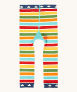 A back of the Frugi organic cotton knitted leggings. In a multicoloured stripe design.