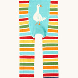 Frugi organic cotton knitted leggings. In multicoloured stripe with a goose print on the front
