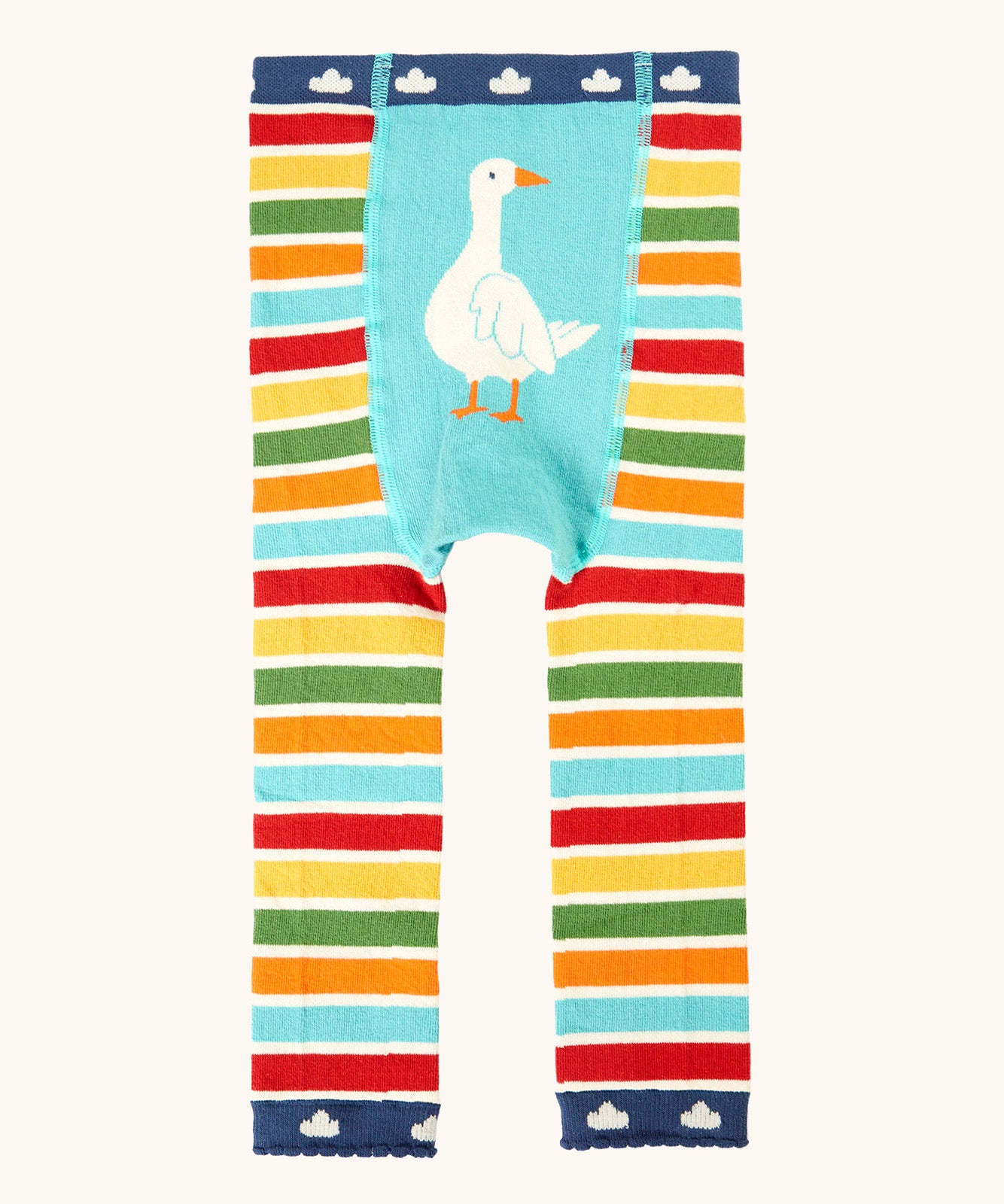 Frugi organic cotton knitted leggings. In multicoloured stripe with a goose print on the front
