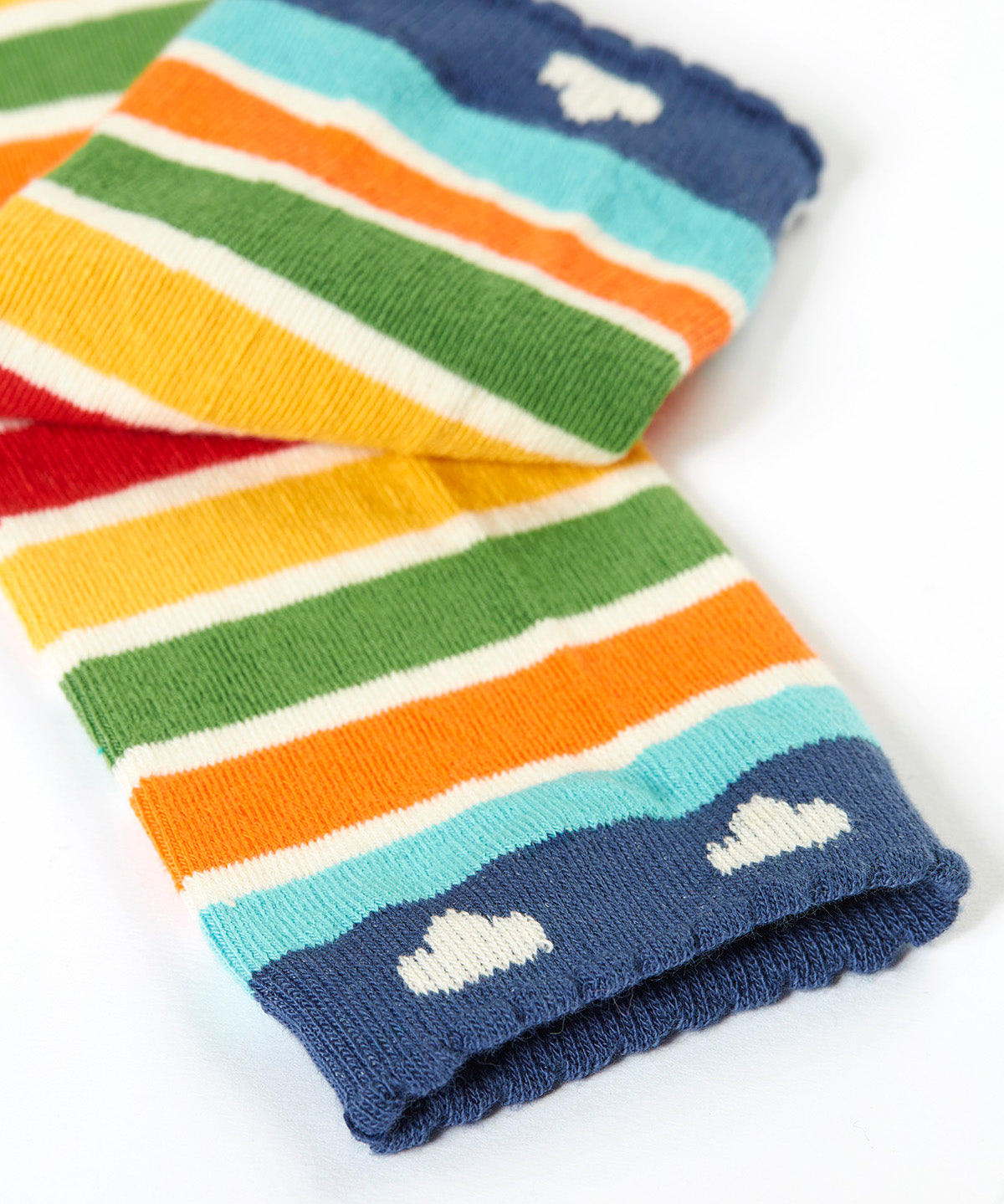 A close up of the multicoloured stripe Frugi organic cotton knitted leggings laid flat showing the navy leg cuff