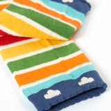 A close up of the multicoloured stripe Frugi organic cotton knitted leggings laid flat showing the navy leg cuff