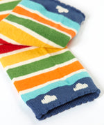 A close up of the multicoloured stripe Frugi organic cotton knitted leggings laid flat showing the navy leg cuff