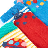 A close up of the Frugi 3 pack organic cotton socks laid flat. In a ladybird themed design and colours with a elasticated ankle cuff