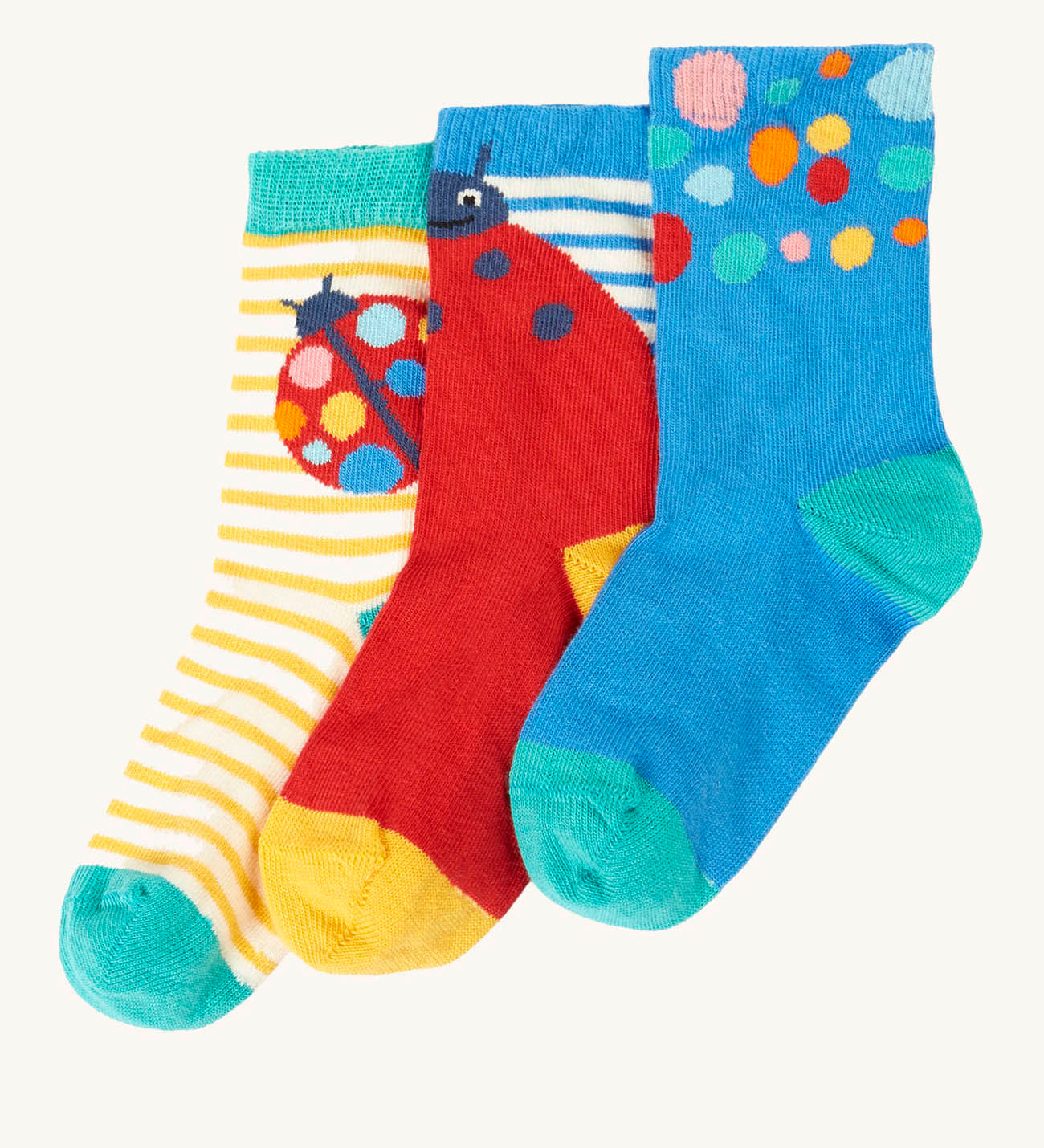 Frugi 3 pack organic cotton socks laid flat. In a ladybird themed design and colours