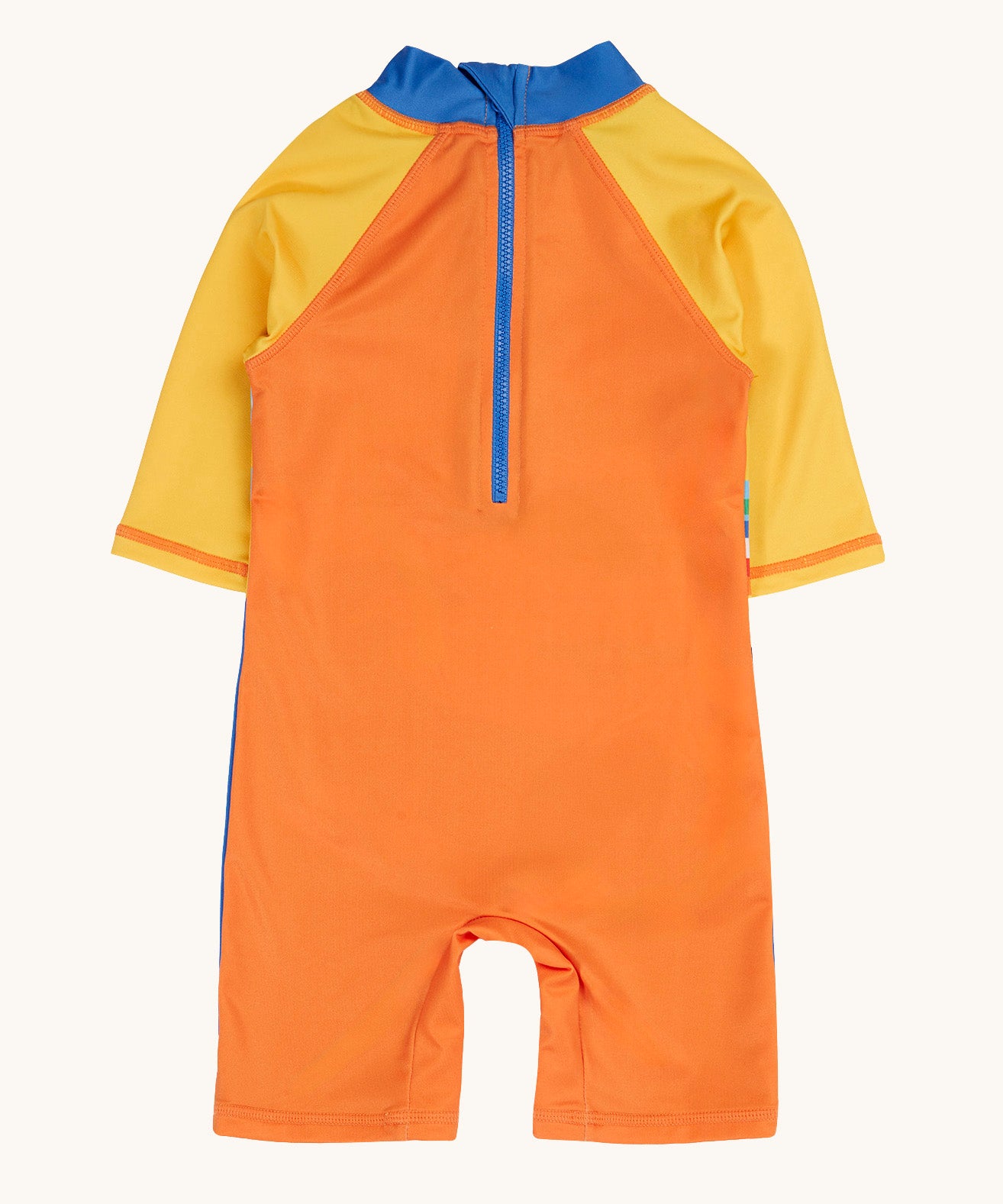 The back of the Frugi recycled plastic sun safe swimwear all in one suit laid flat showing the zip from the neckline down the back 