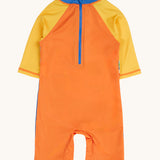 The back of the Frugi recycled plastic sun safe swimwear all in one suit laid flat showing the zip from the neckline down the back 
