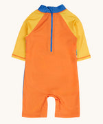 The back of the Frugi recycled plastic sun safe swimwear all in one suit laid flat showing the zip from the neckline down the back 