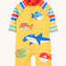 Frugi sun safe all in one swimwear suit. In yellow and coloured stripes on the sleeves with different sea creatures on the front